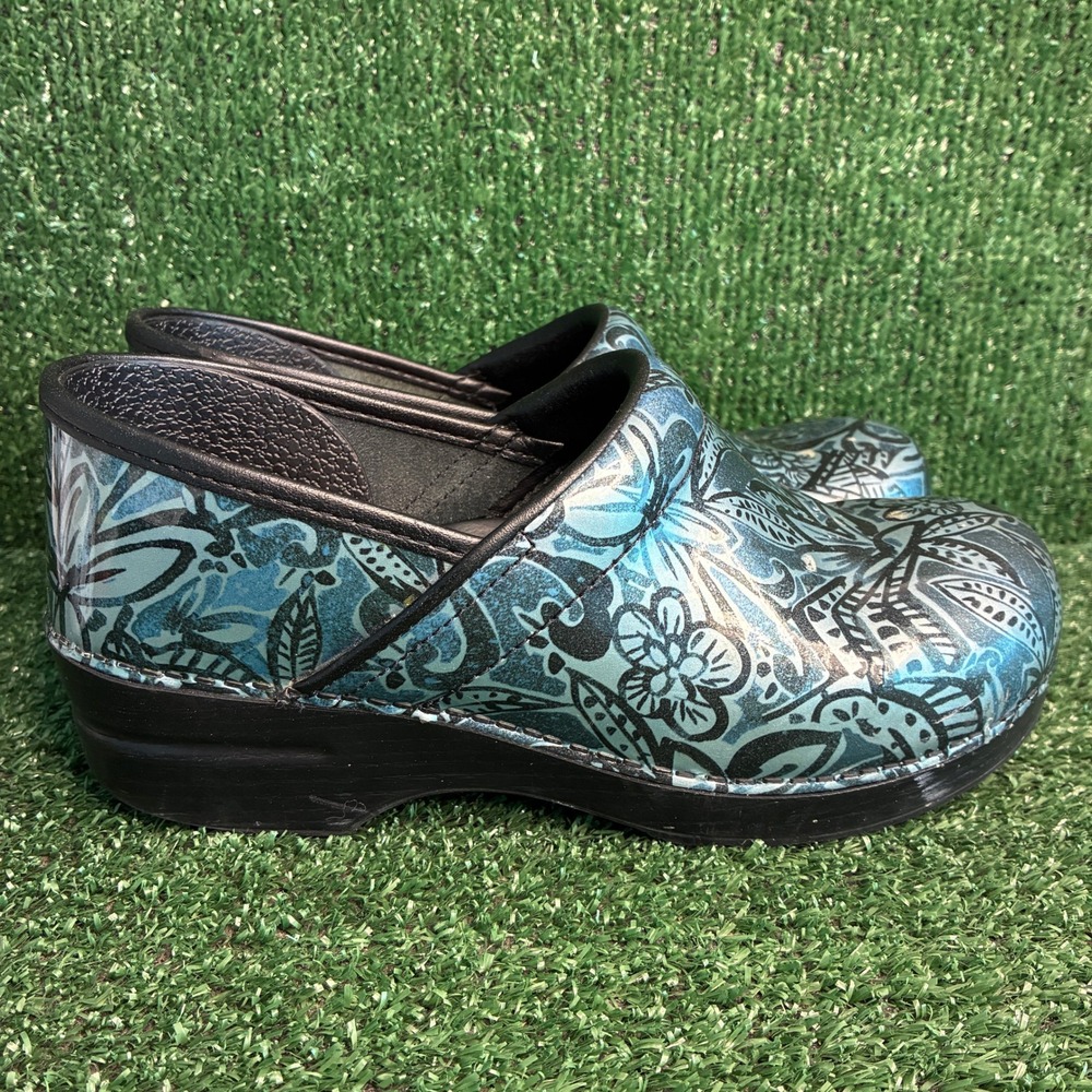 Dansko Professional Floral Metallic Leather Comfort Clogs Blue Womens Sz 9.5-10